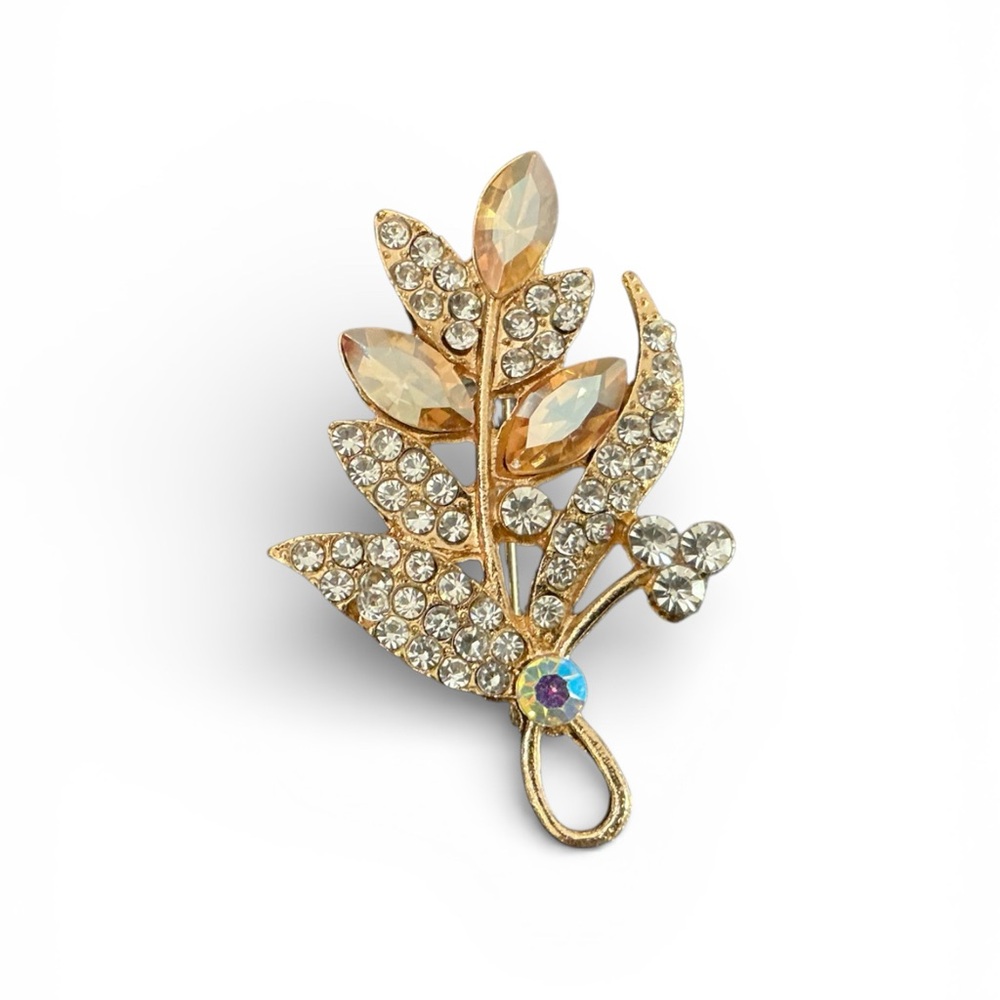 Sparkling Gold Leaf Brooch with Crystals NWT